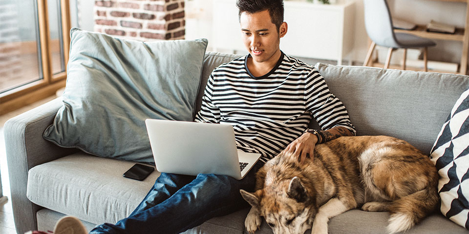 Adult male using a laptop computer while sitting next to a dog on a couch