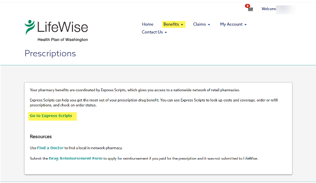 How to access Express Scripts from LifeWise Health Plan of Washington Benefits tab